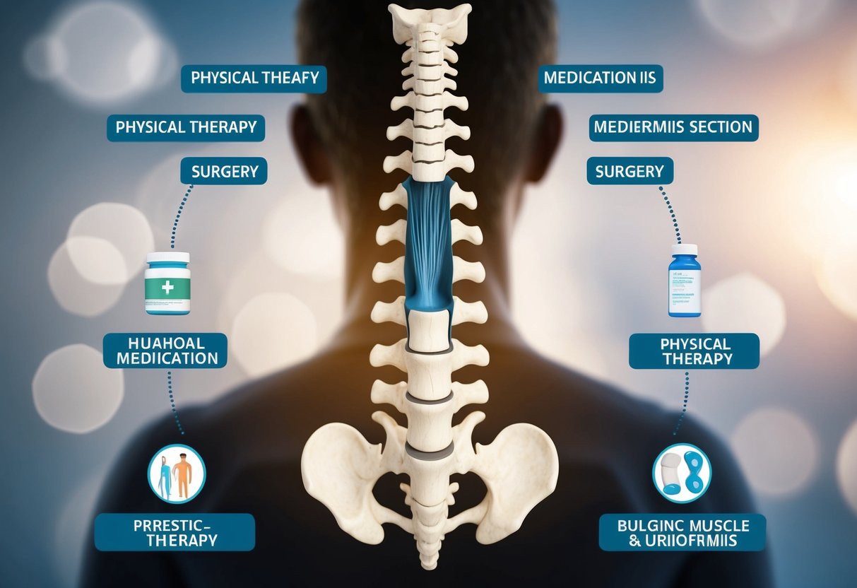 A human spine with a bulging disc or piriformis muscle in cross-section, surrounded by various treatment options such as physical therapy, medication, and surgery