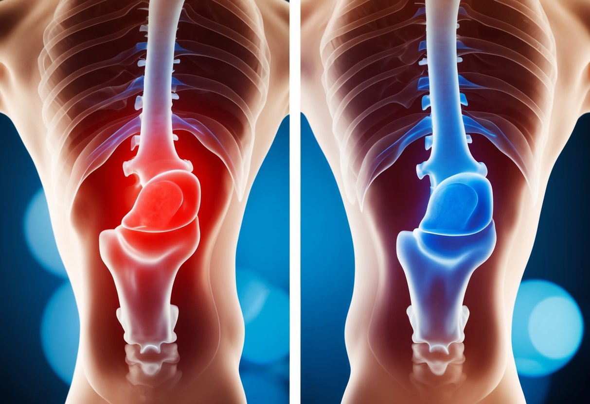 A side-by-side comparison of a bulging disc and piriformis syndrome, with the affected areas highlighted in red and blue, respectively