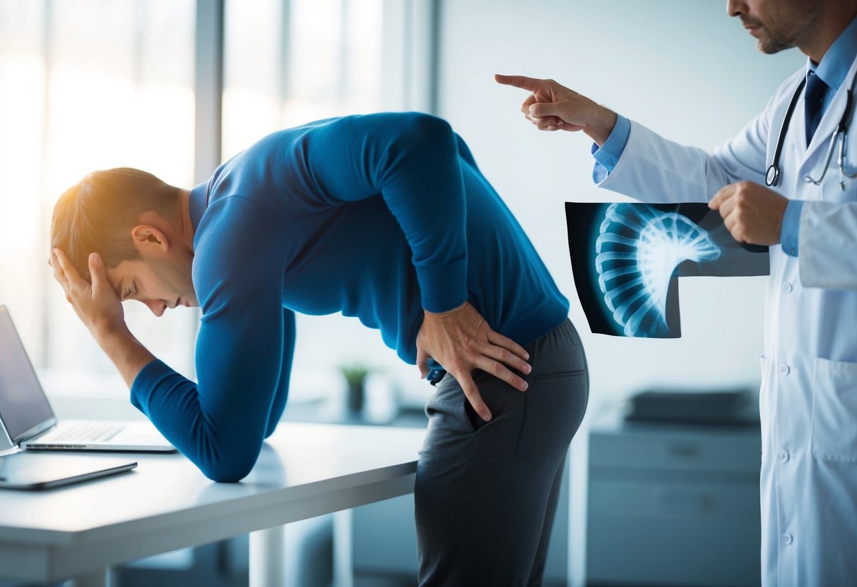 A person bending over in pain, holding their lower back. A doctor pointing to an x-ray showing a bulging disc or muscle strain