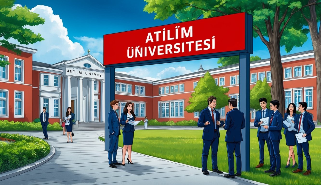 "Atılım Üniversitesi" ismini taşıyan belirgin bir tabela ile bir üniversite kampüsü ve öğrenim ücretleri ile bursları tartışan bir grup öğrenci.