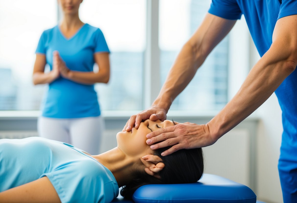 A person receiving physical therapy for a bulging disc or muscle spasm, using a combination of stretching, exercise, and massage therapy to alleviate pain and improve mobility