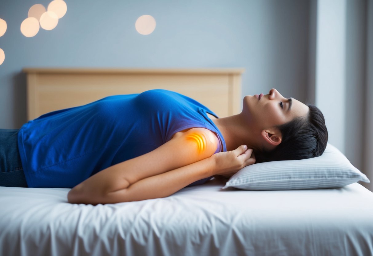 A person lying on a bed, holding their lower back in discomfort, with a visible bulging disc or muscle spasm indicated in the area