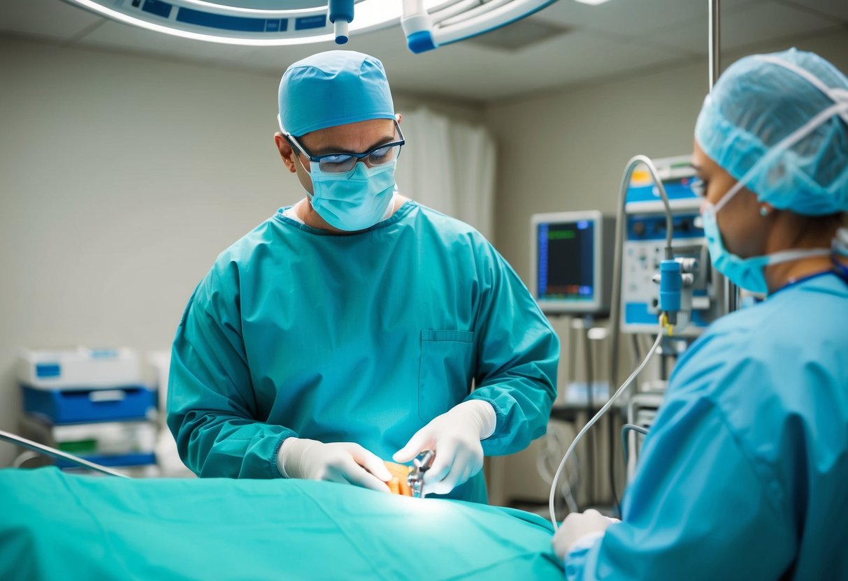 A surgeon performing a minimally invasive procedure on a bulging disc or SI joint, using specialized tools and equipment in a sterile operating room