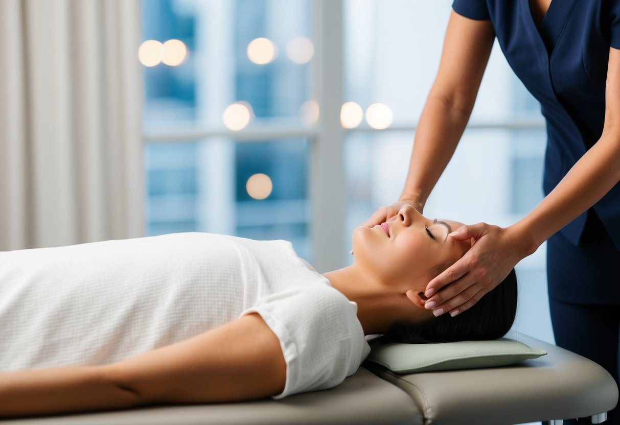 A person lying on a massage table receiving alternative therapy for a bulging disc or SI joint, with a therapist using hands-on techniques to provide relief