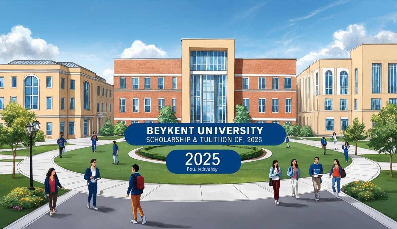 Sahne, Beykent Üniversitesi binaları ve öğrencileri ile 2025 yılı için burs ve öğrenim ücreti bilgilerine odaklanmış bir kampüsü göstermektedir.