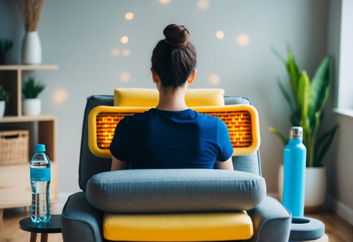 A person sitting in a comfortable chair with a heating pad on their back, surrounded by self-care items like a foam roller, water bottle, and relaxation music playing in the background