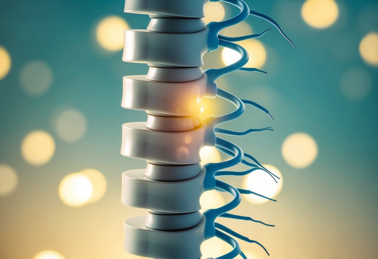 A cross-section of a spinal column with a bulging disc pressing on nearby nerves, causing pain signals to be sent to the brain