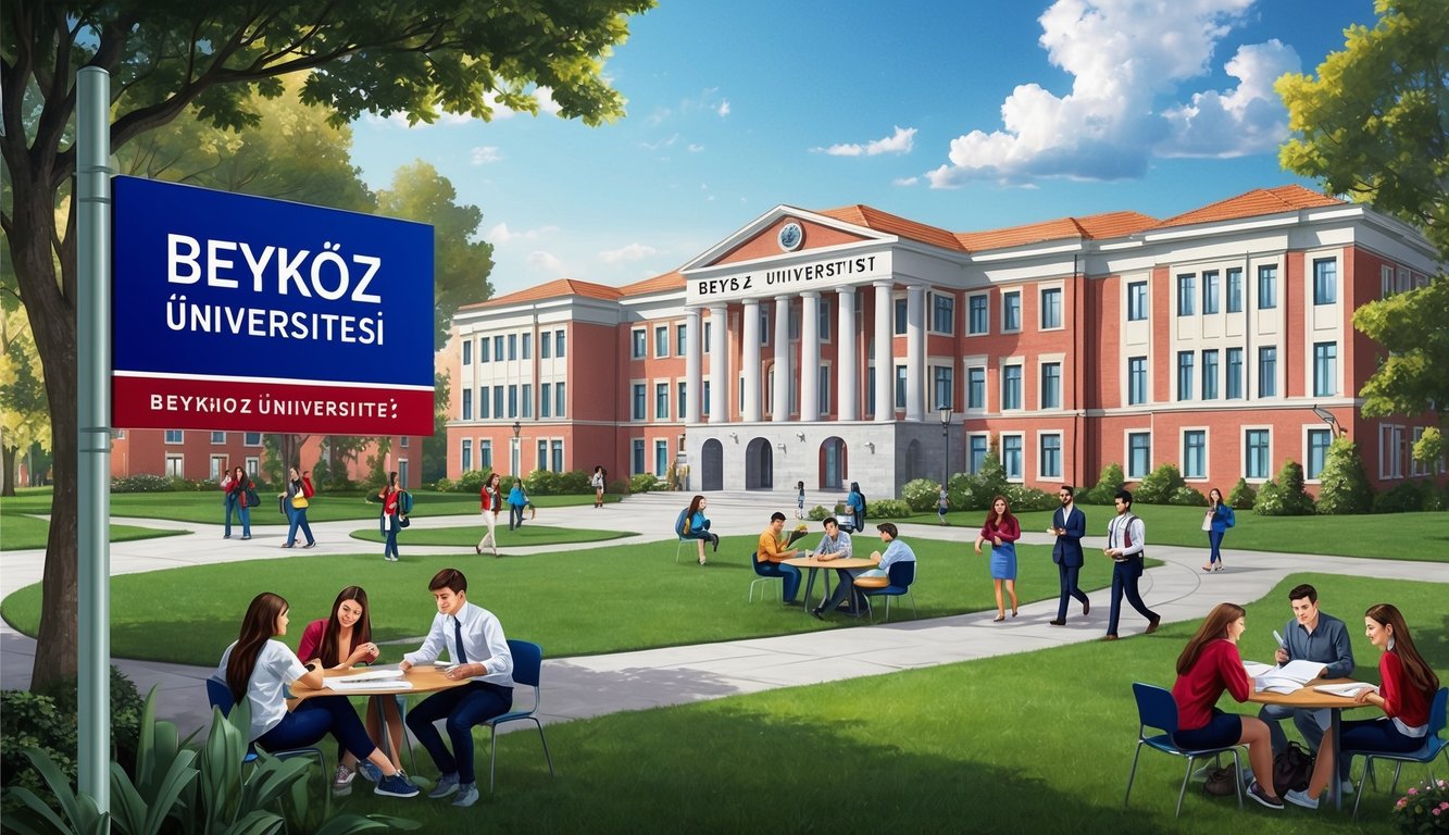 Büyük bir 'Beykoz Üniversitesi' yazılı tabelanın bulunduğu bir üniversite kampüsü ve çeşitli akademik etkinliklerle meşgul öğrenciler