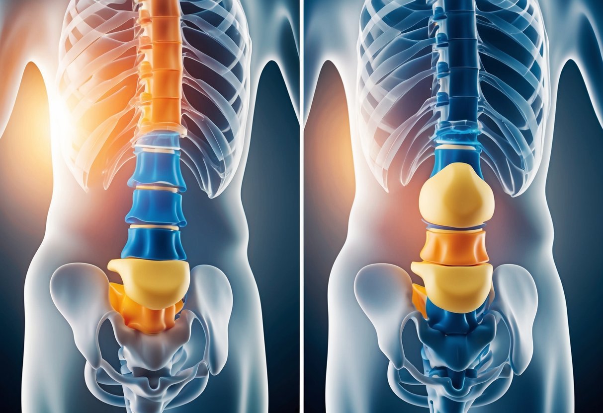 A side-by-side comparison of a bulging disc and a herniated disc, showing the differences in the structure and location within the spine