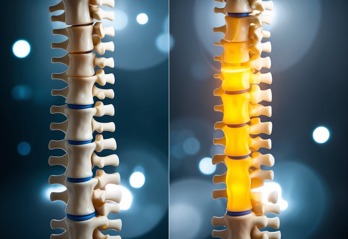 A spinal column with a bulging disc and a herniated disc side by side, showing the differences in their shapes and positions within the spine