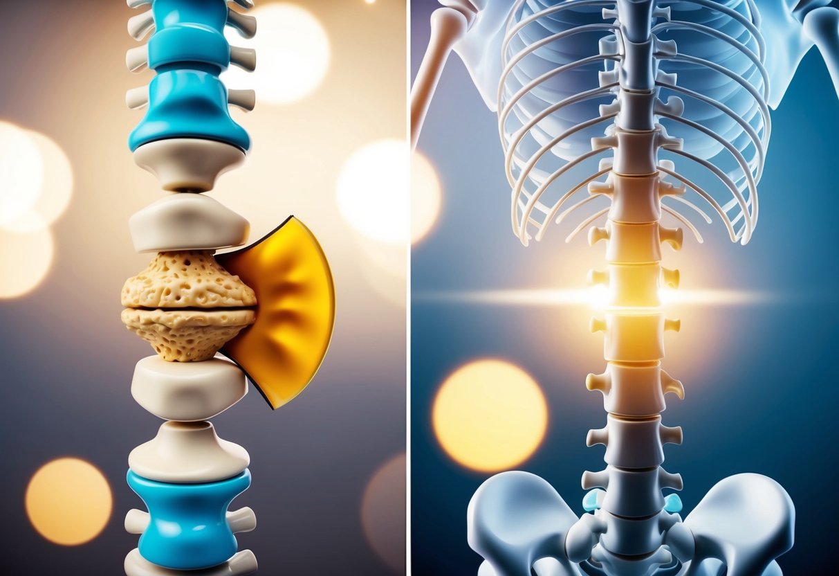 A comparison of a bulging disc and a herniated disc, with clear visual differences in their structure and location within the spinal column