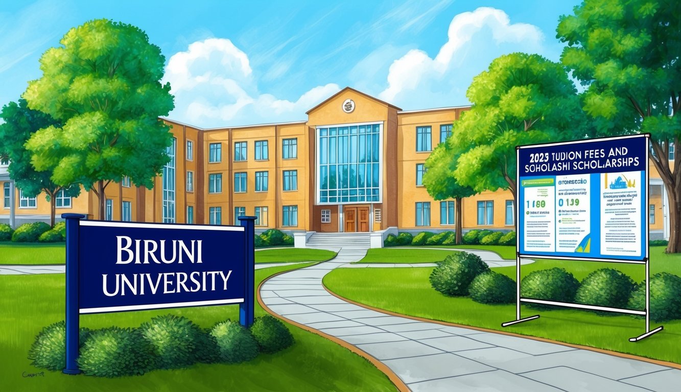 Binalar ve ağaçlarla dolu bir üniversite kampüsü, "Biruni Üniversitesi" yazılı belirgin bir tabela ve 2025 öğrenim ücretleri ve burslar hakkında bilgi veren bir ilan panosuyla.