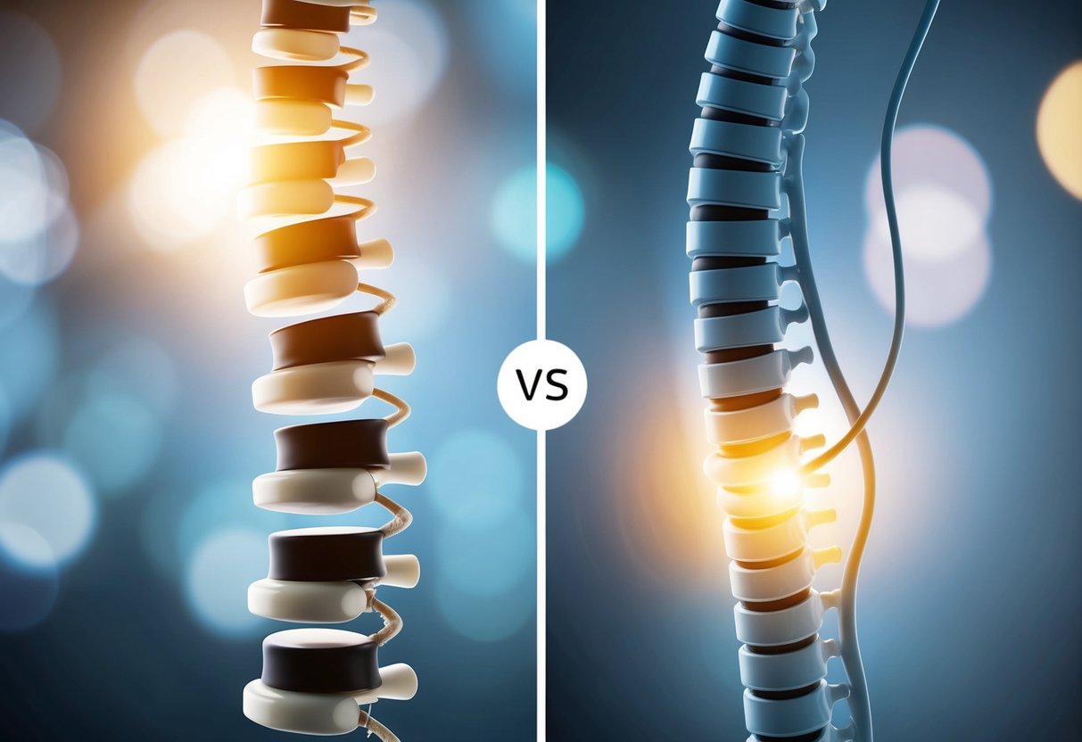 A spinal column with a bulging disc pressing against a nerve, contrasted with a slipped disc causing misalignment and compression