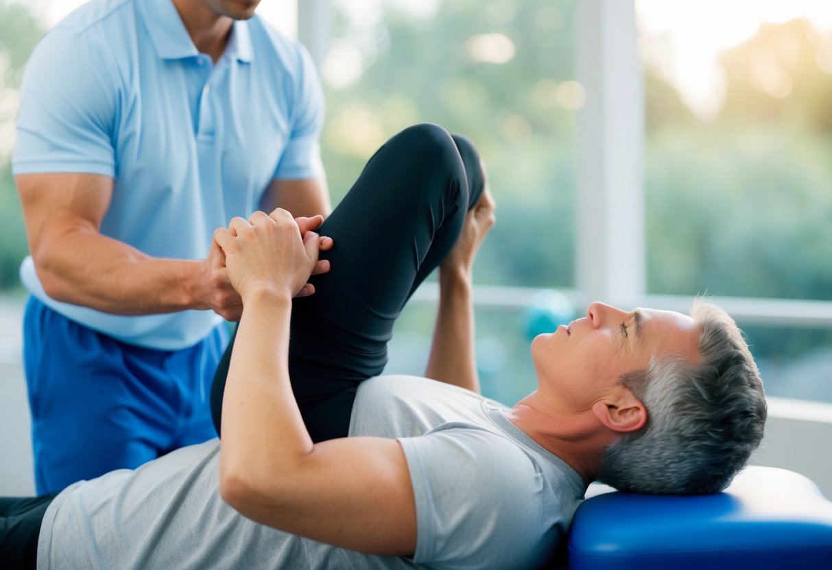 A person performing physical therapy exercises to treat a bulging disc, with a physical therapist guiding them through the movements