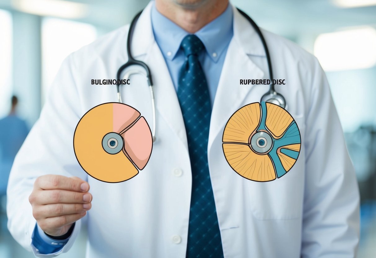 A medical diagram showing a bulging disc and a ruptured disc side by side, with clear labels and detailed cross-sections