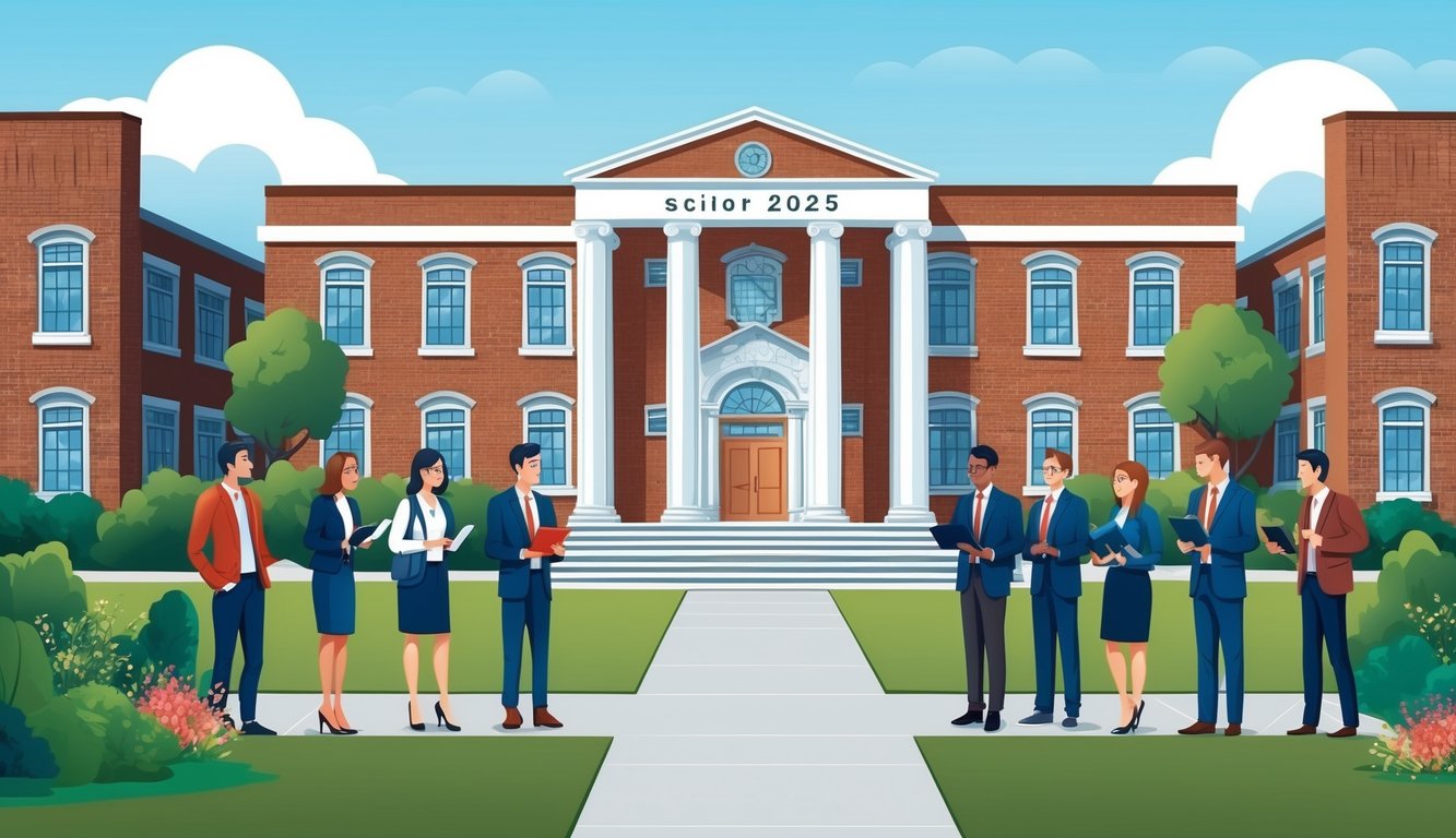 2025 yılı için öğrenim ücretleri ve burslar hakkında bilgi alan öğrenciler ve öğretim üyeleri ile bir üniversite kampüsü