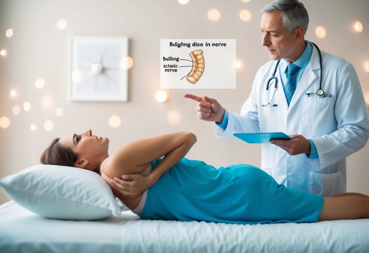 A person lying on a bed with a painful expression, holding their lower back. A doctor pointing to a diagram of a bulging disc and sciatic nerve