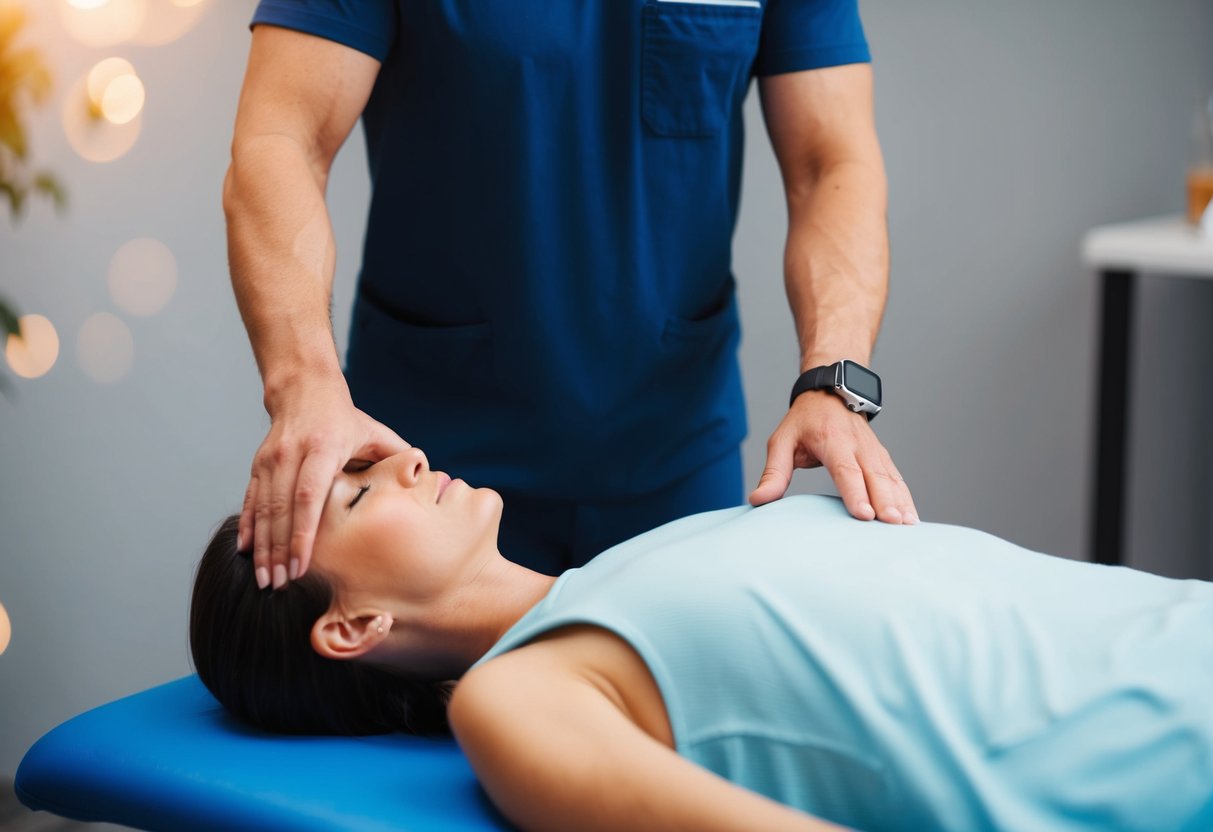 A person receiving non-surgical treatment for a bulging disc and sciatica, such as physical therapy, stretching, and hot/cold therapy