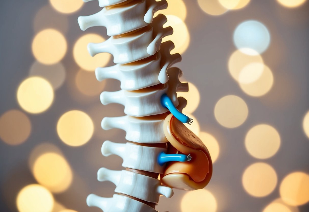 A cross-section of a spine with a bulging disc pressing on nearby nerves, and a herniated disc with the inner material protruding outwards