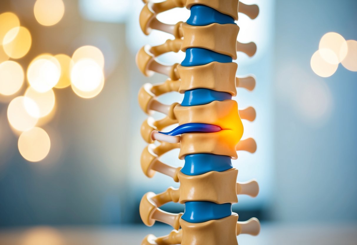 A cross-section of the spinal column, showing a bulging disc and a herniated disc with surrounding nerves and vertebrae