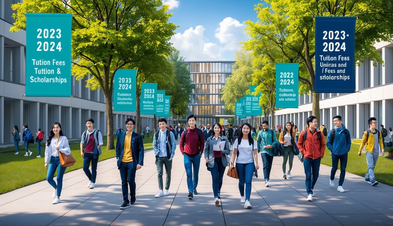 Modern binalar ve yeşil ağaçlar arasında yürüyen öğrencilerle dolup taşan bir üniversite kampüsü, 2023-2024 öğrenim ücretleri ve burslarını tanıtan afişlerle süslenmiş.