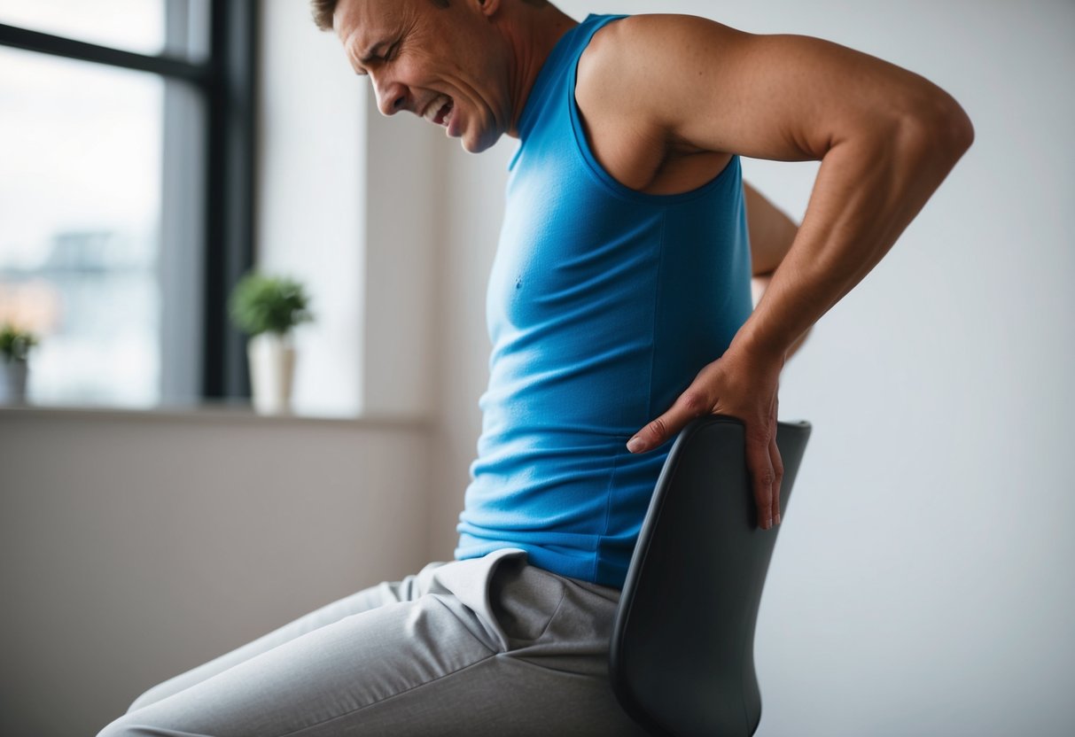 A person sitting in a chair, holding their lower back and grimacing in pain while reaching for their hip