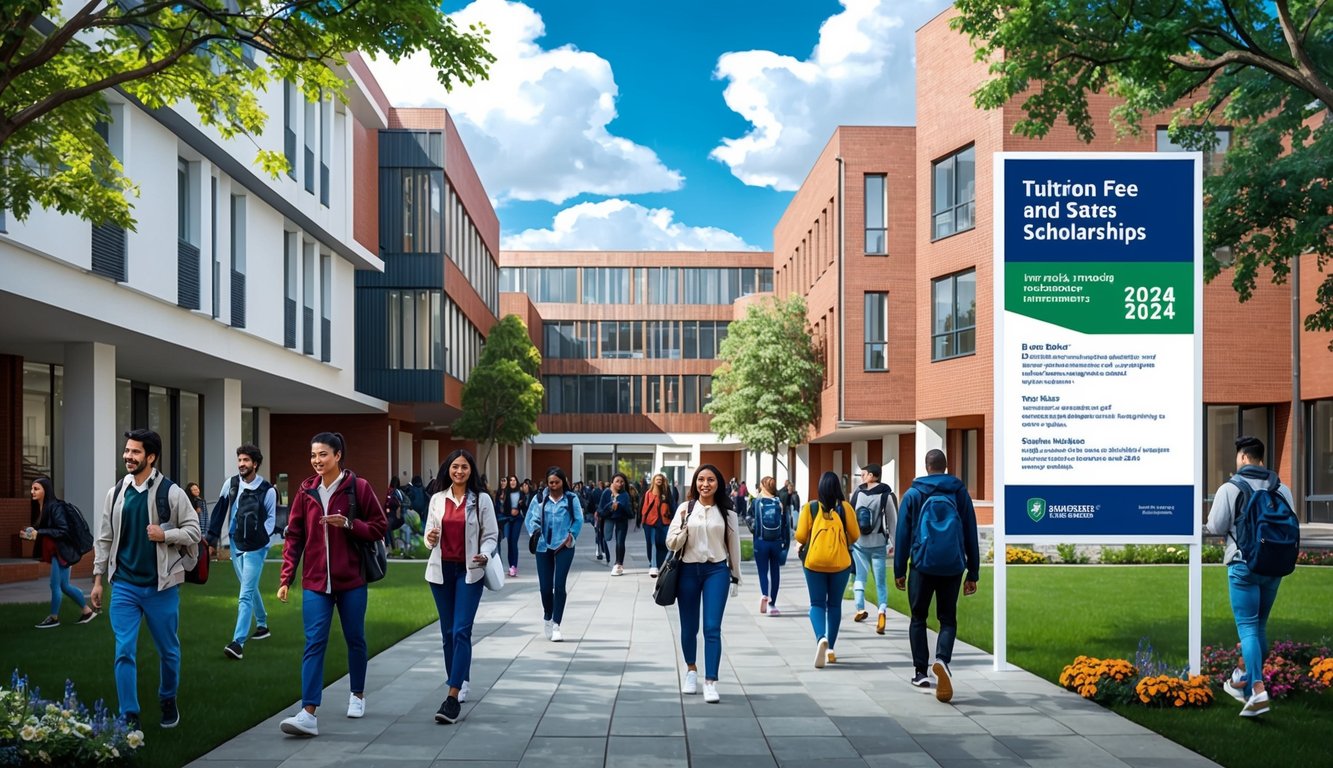 Modern binalar arasında yürüyen öğrencilerin olduğu, merkezi bir avluya sahip, 2024 yılı için öğrenim ücretleri ve burslar hakkında bilgi veren büyük bir tabelanın bulunduğu hareketli bir üniversite kampüsü.