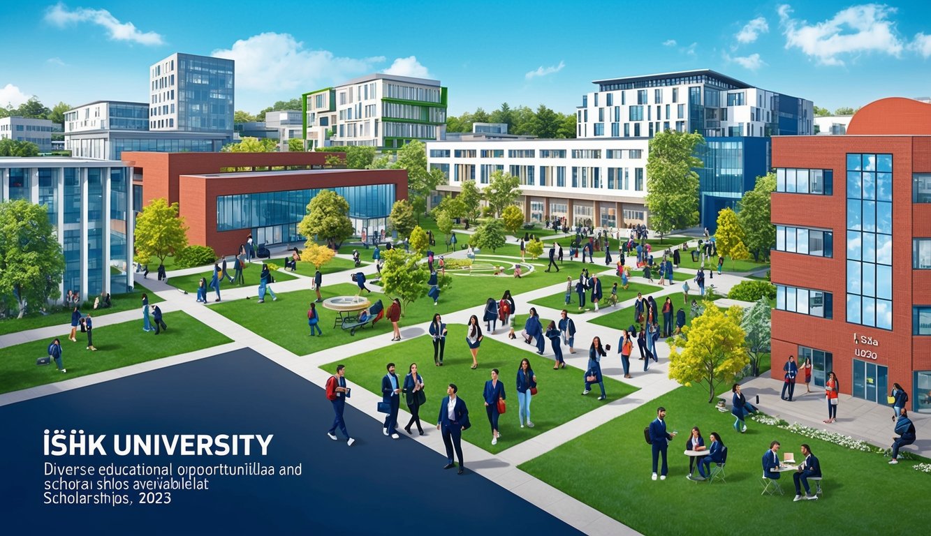 2025 yılında Işık Üniversitesi'nde sunulan çeşitli eğitim fırsatları ve bursları sergileyen, öğrenciler, binalar ve yeşilliklerle dolu canlı bir kampüs.