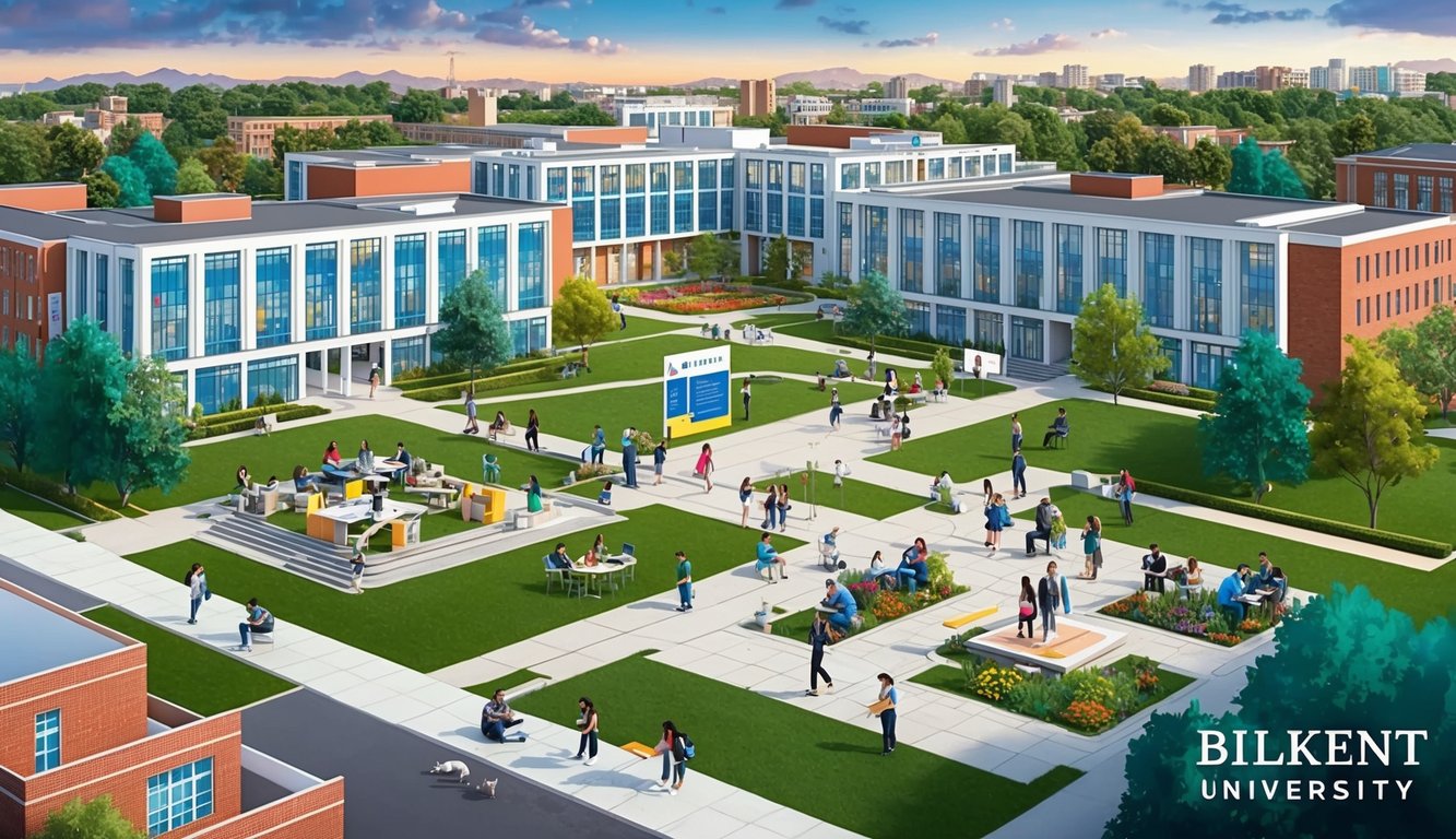 2024'te Bilkent Üniversitesi'nde canlı bir kampüs manzarası, öğrencilerin ders çalıştığı, sosyalleştiği ve çeşitli etkinliklerin tadını çıkardığı