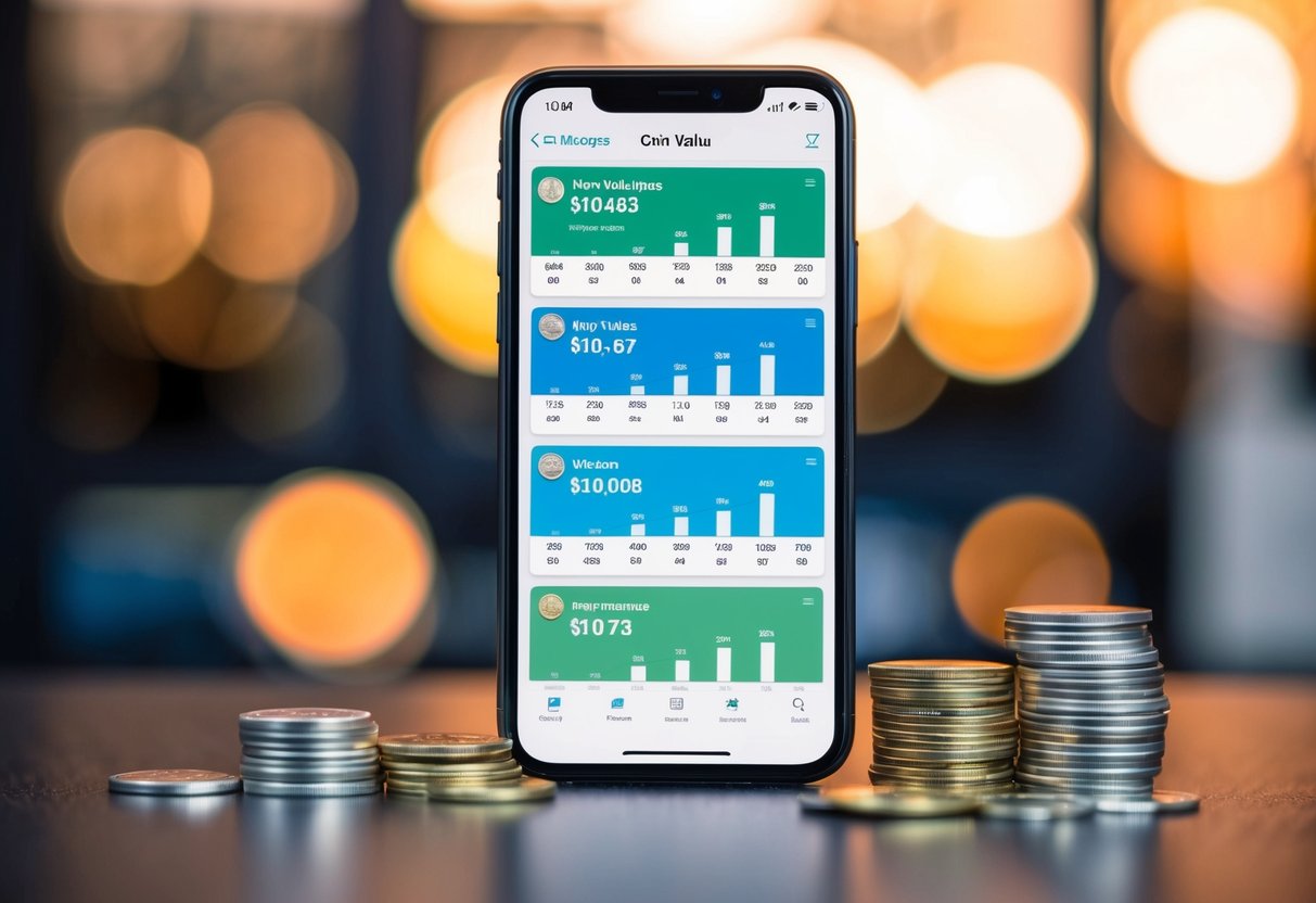 A smartphone displaying various coin value apps with charts and graphs