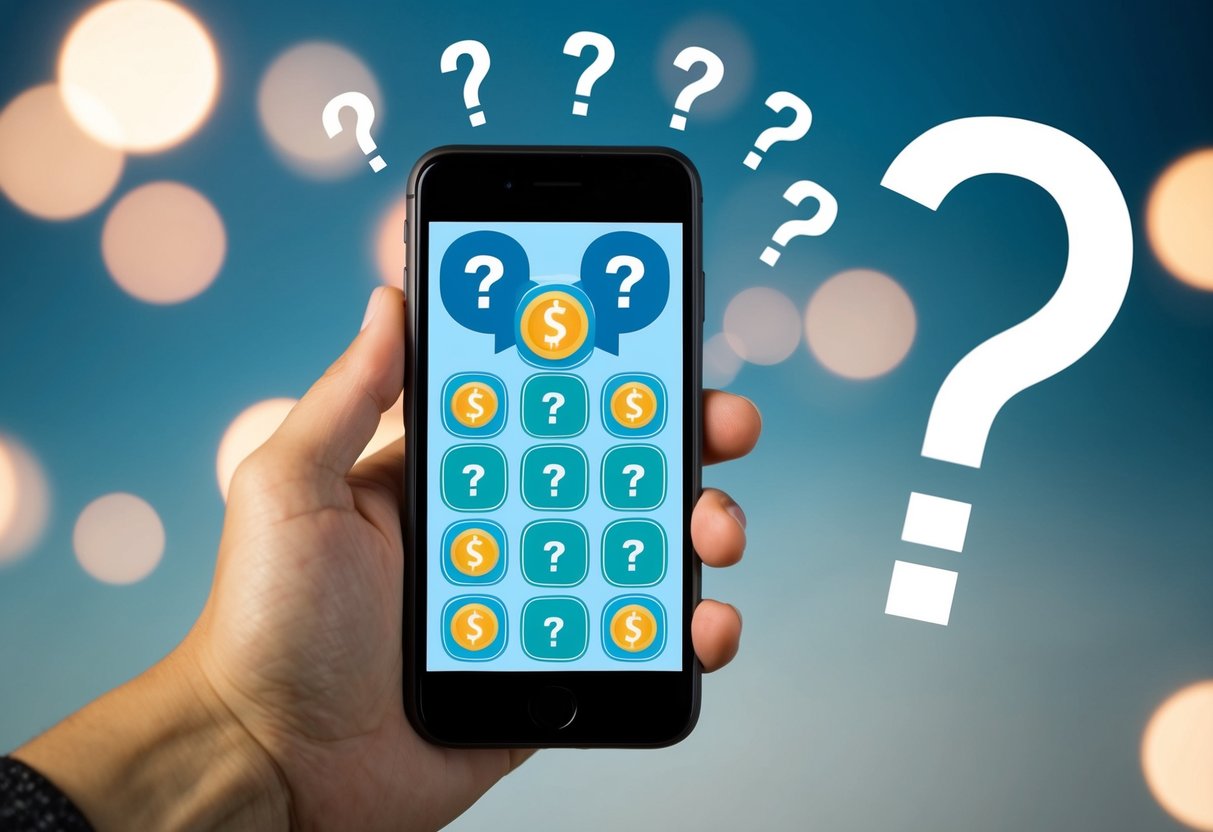 A smartphone with various coin icons displayed, surrounded by question marks