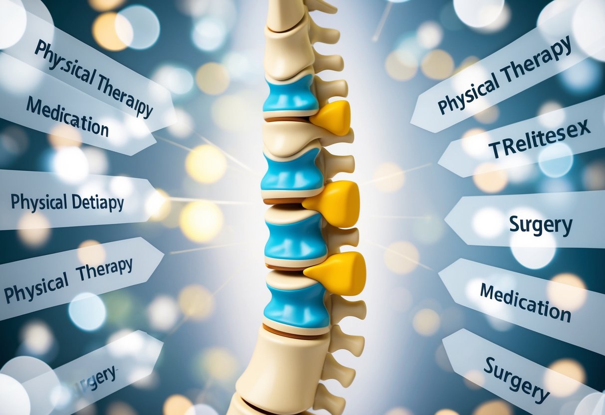 A cross-section of a spine with a bulging disc and narrowing, surrounded by various treatment options such as physical therapy, medication, and surgery