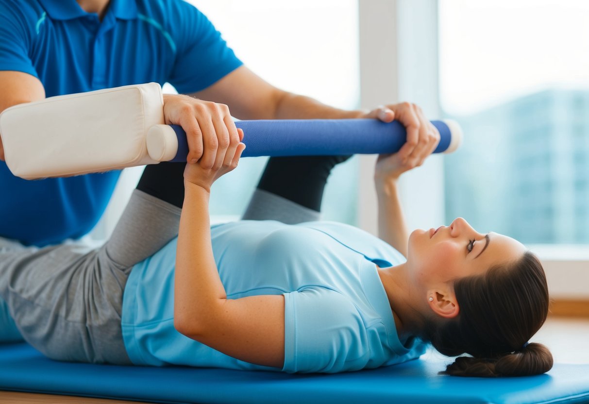 A person performing stretching and strengthening exercises under the guidance of a physical therapist, focusing on the spine and disc