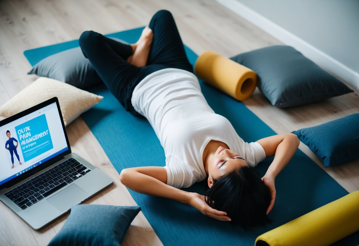 A person lying on a yoga mat, surrounded by pillows, a heating pad, and a foam roller. A laptop displaying an online pain management program sits nearby