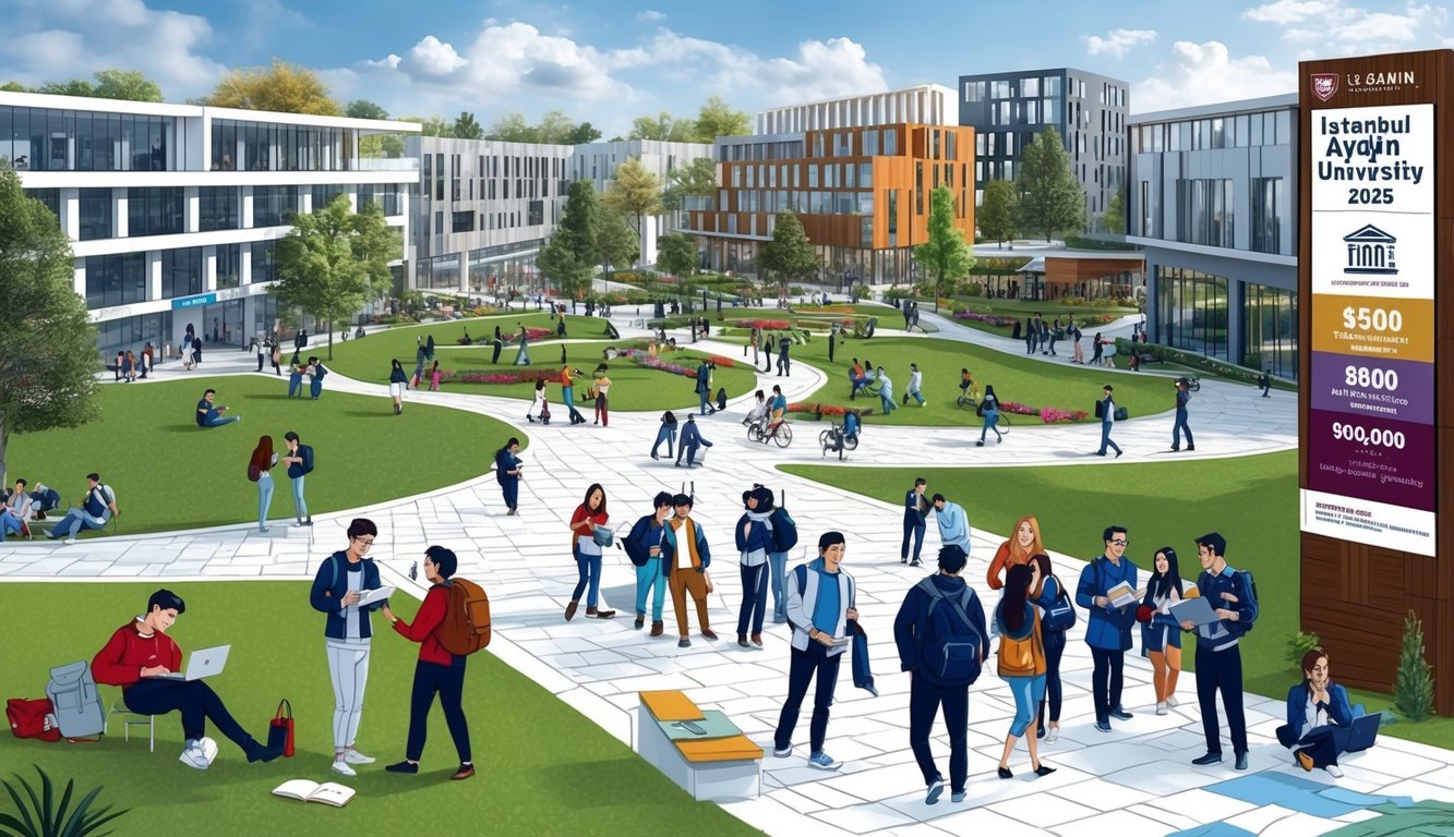 2025 yılında İstanbul Aydın Üniversitesi'ne ait öğrenim ücretleri ve burslar hakkında bilgi veren tabelaların bulunduğu hareketli bir kampüs.