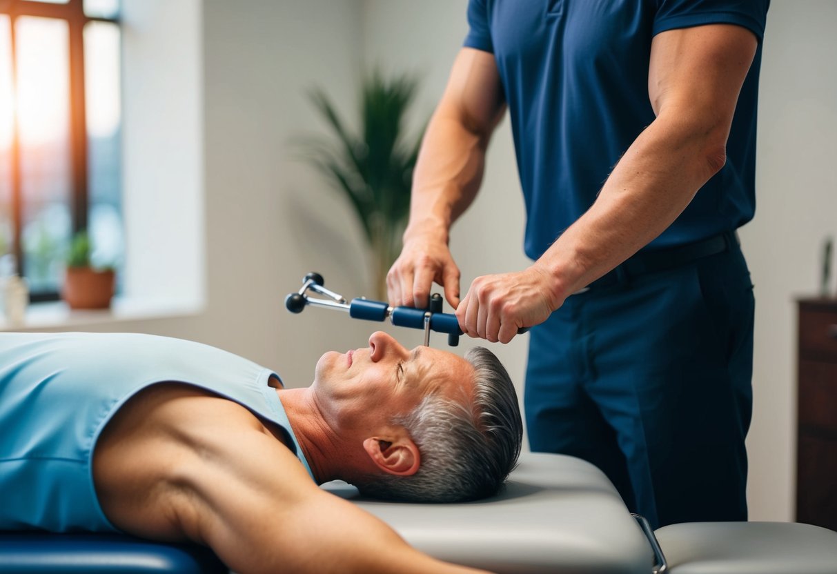 A chiropractor using spinal adjustment tools on a patient with a bulging disc