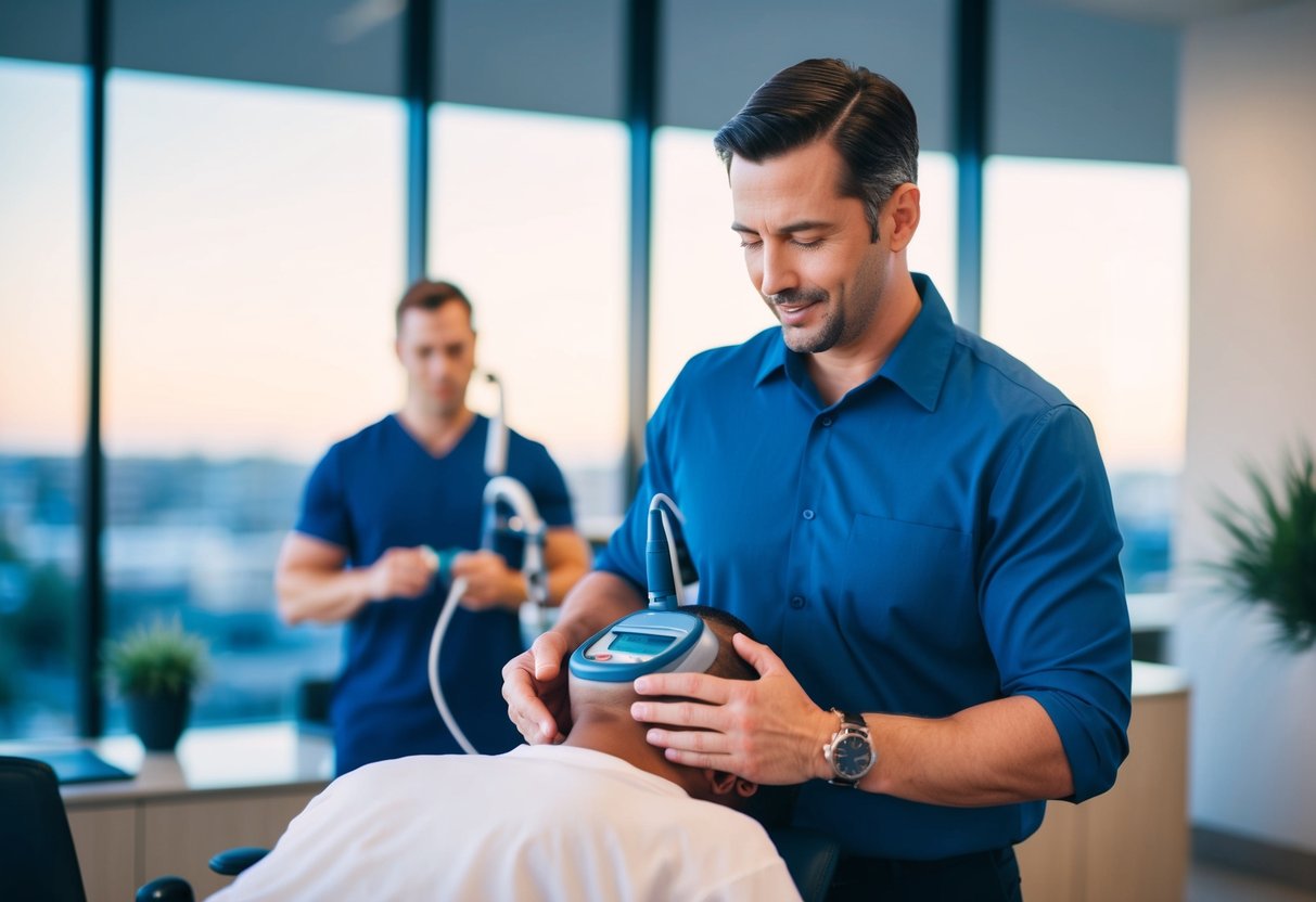 An illustration of a chiropractor using adjunctive therapies to treat a patient with a bulging disc, such as electrical stimulation or ultrasound therapy, in a modern chiropractic office