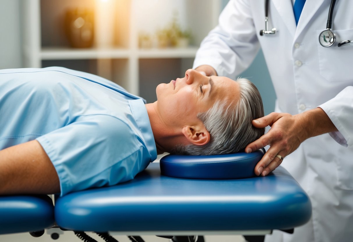 A person lying on a chiropractic table, receiving treatment for a bulging disc. The chiropractor is using various techniques to help with recovery and rehabilitation