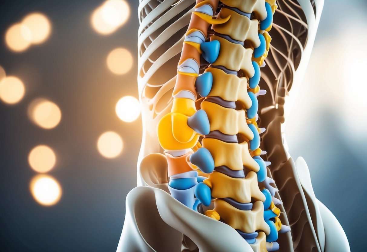 A detailed illustration of the spine showing the anatomical relationship between bulging discs and arthritis in the lower back