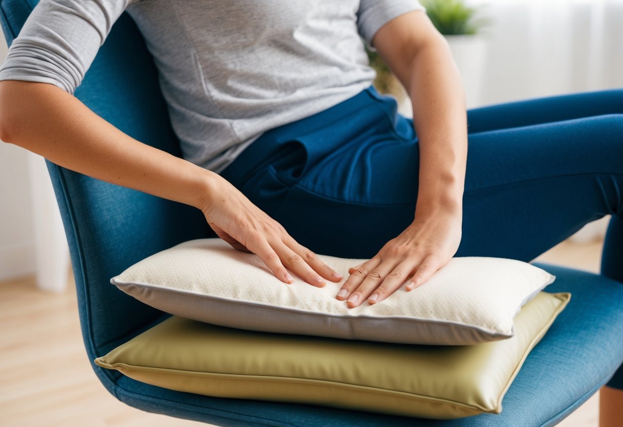 A person sitting in a chair with a cushion behind their lower back, using a heating pad and doing gentle stretches