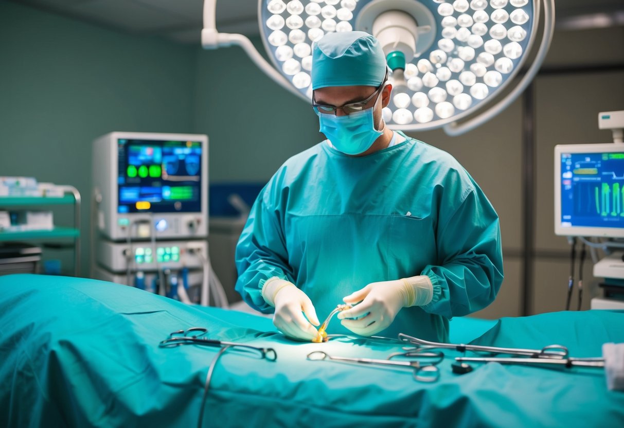 A medical illustration of a surgical procedure for severe bulging disc and arthritis in the lower back, showing the tools and equipment used in the operating room