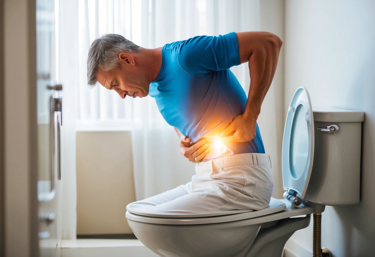 A person with a bulging disc struggles to bend over, clutching their lower back in discomfort while attempting to sit on the toilet