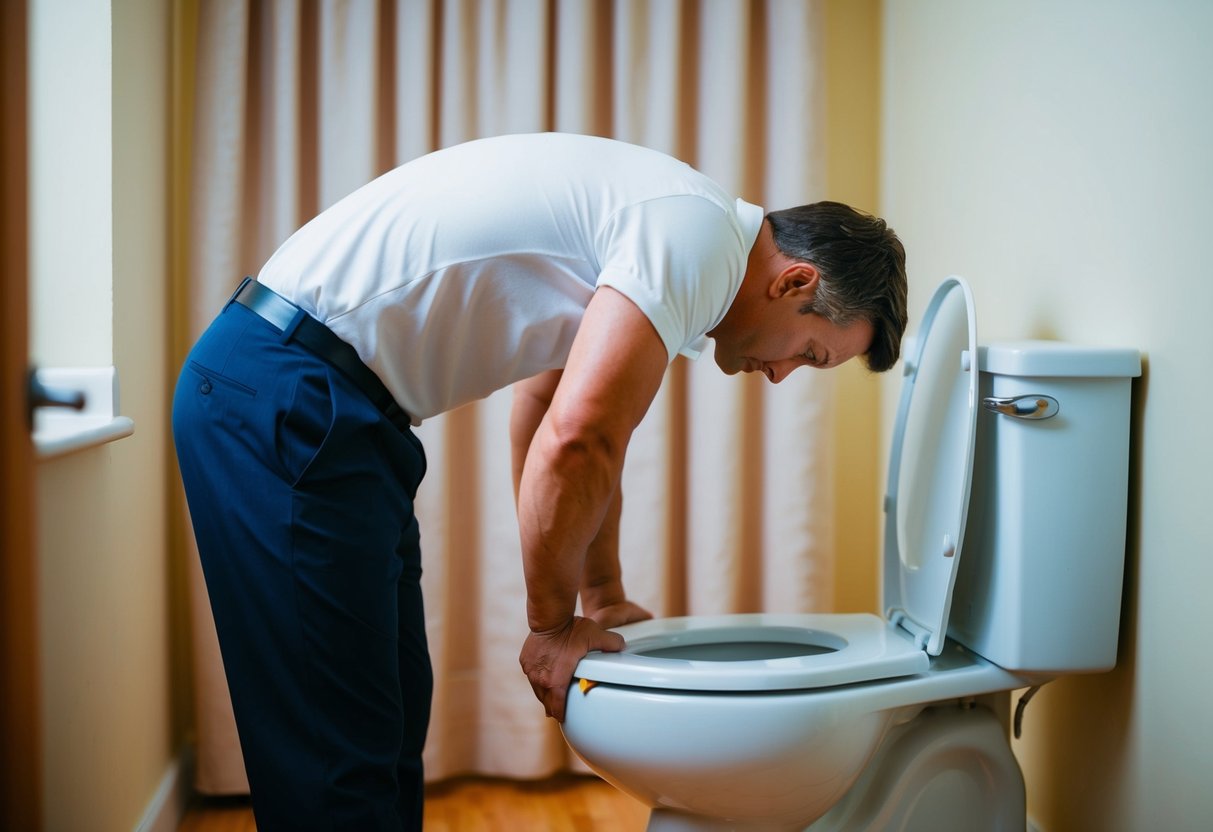 A person with a bulging disc struggles to bend forward, holding their lower back in pain while trying to sit on the toilet