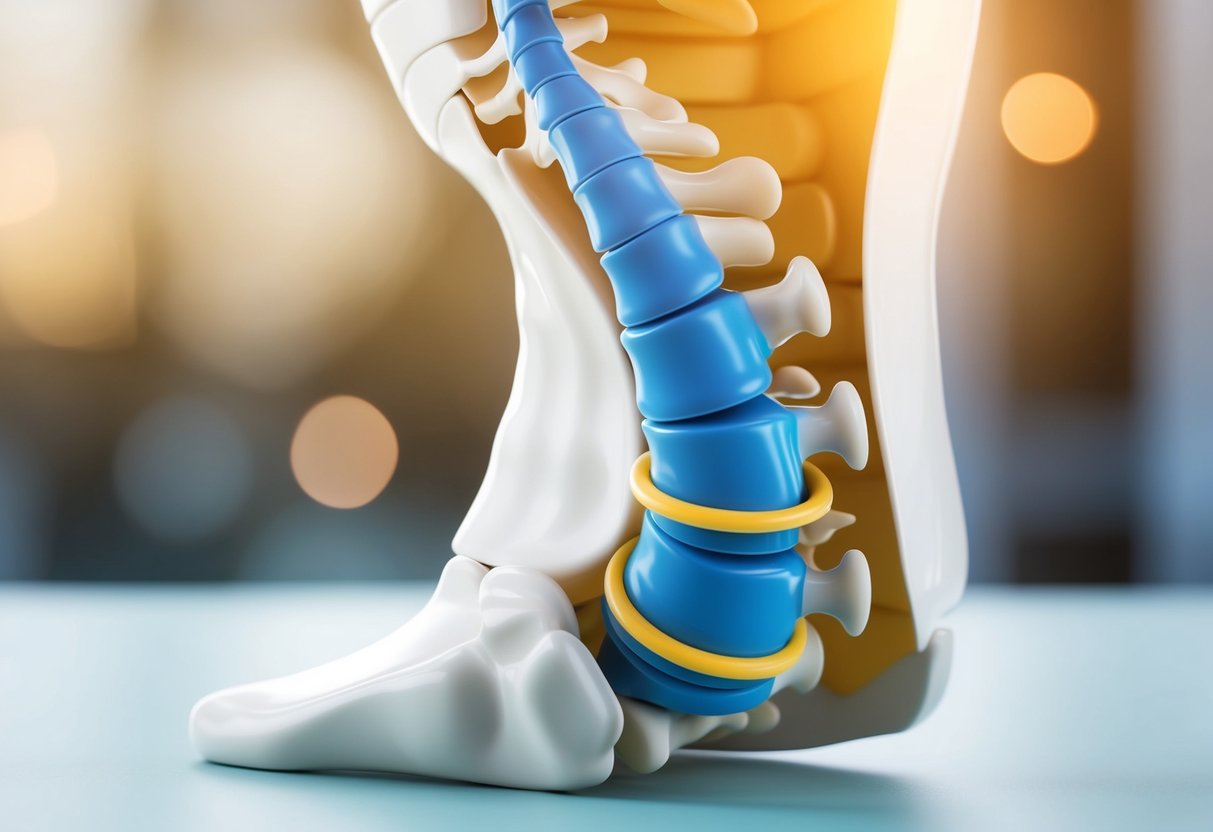 A medical illustration of a bulging disc pressing on the spinal cord, causing constipation