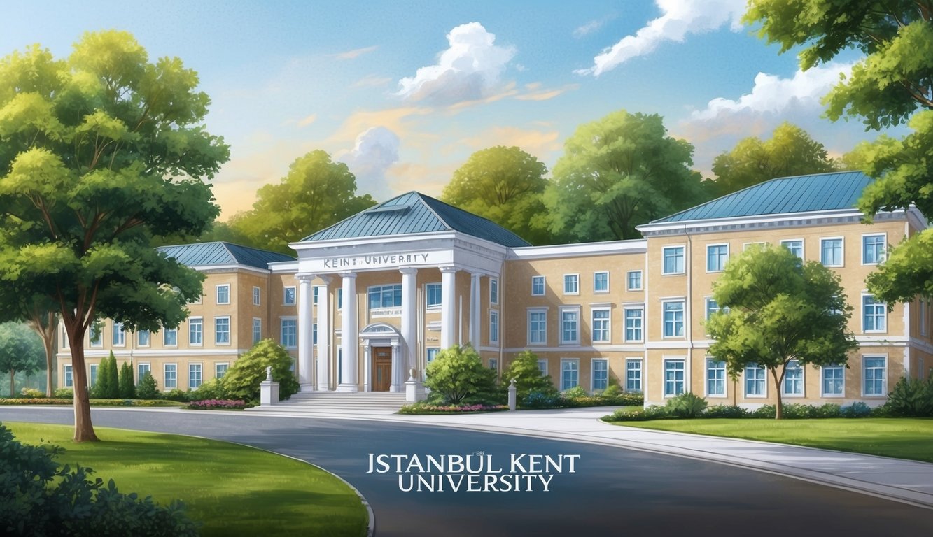 İstanbul Kent Üniversitesi binaları ve çevresindeki yeşilliklerle huzurlu bir kampüs ortamı, ana giriş ve idari binalara odaklanarak.