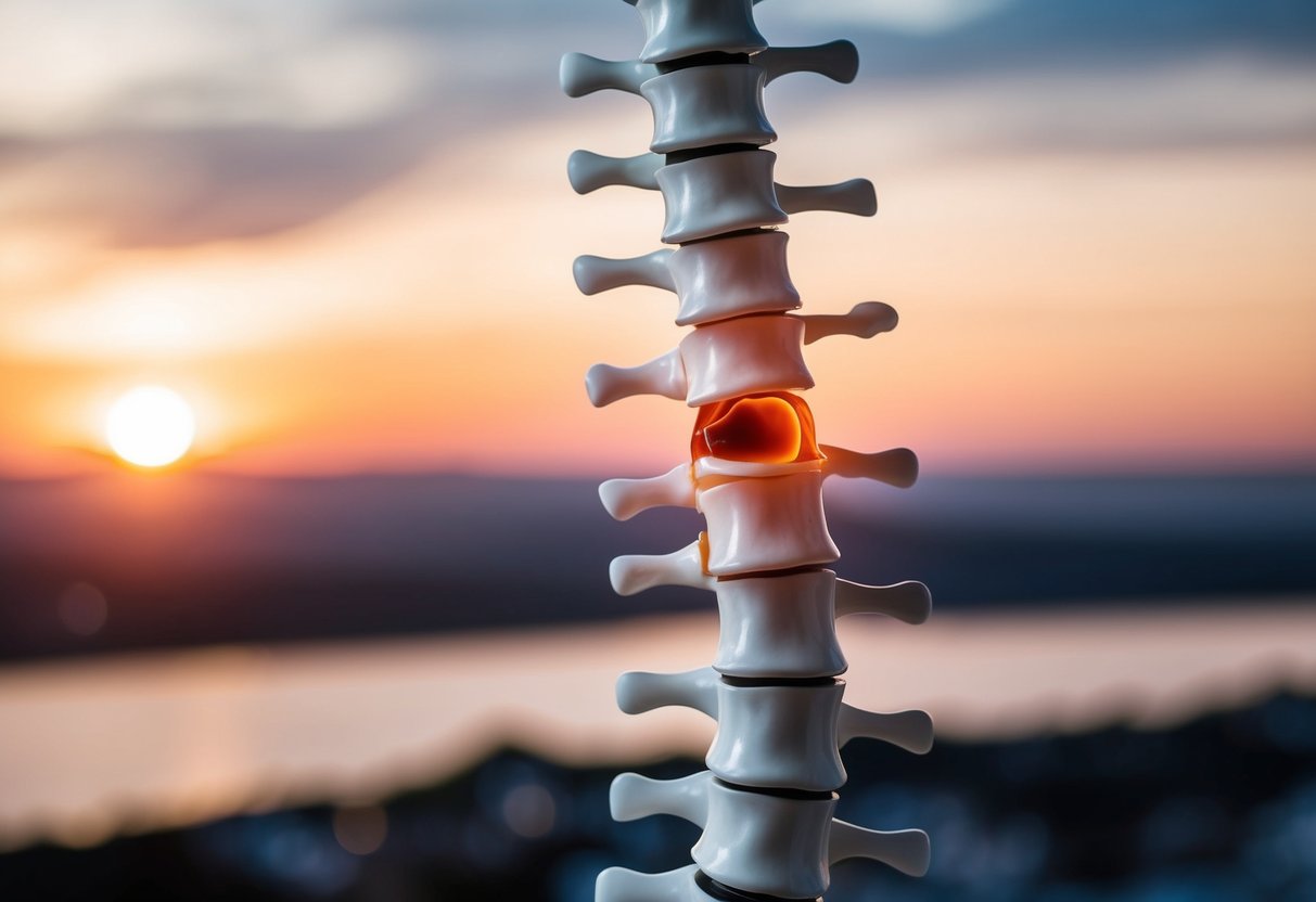 A spinal column with a bulging disc and tear in the lower back