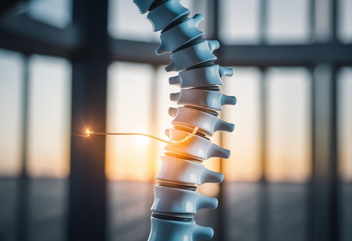 A spinal column with a bulging disc pressing against a nerve, causing pain and discomfort