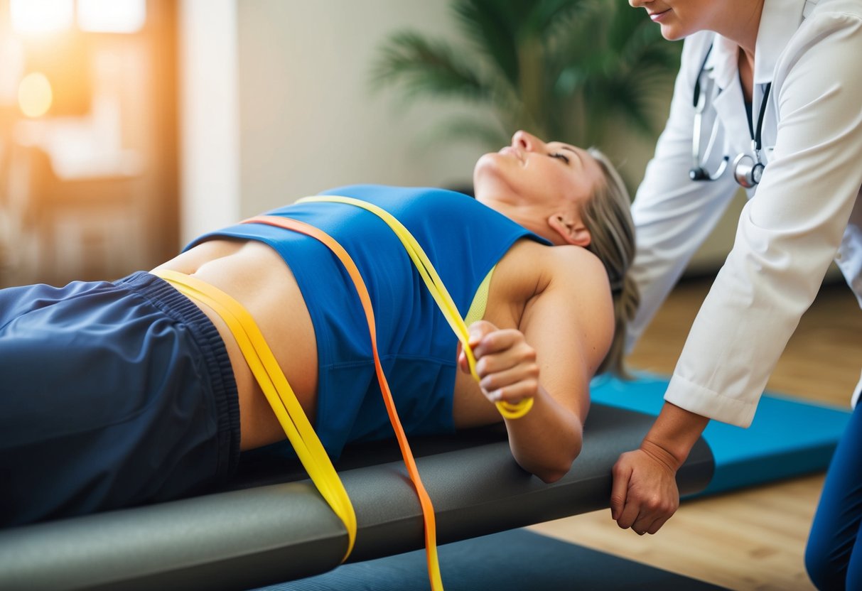 A person receiving physical therapy for a bulging disc and pinched nerve, using exercise bands and a foam roller under the guidance of a therapist