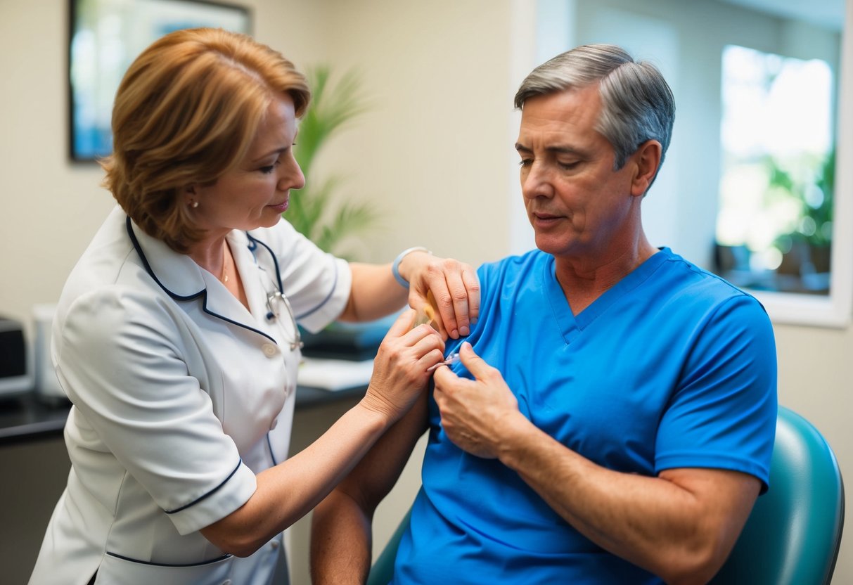 A patient receiving a cortisone injection for a bulging disc and pinched nerve in a clinic's treatment room