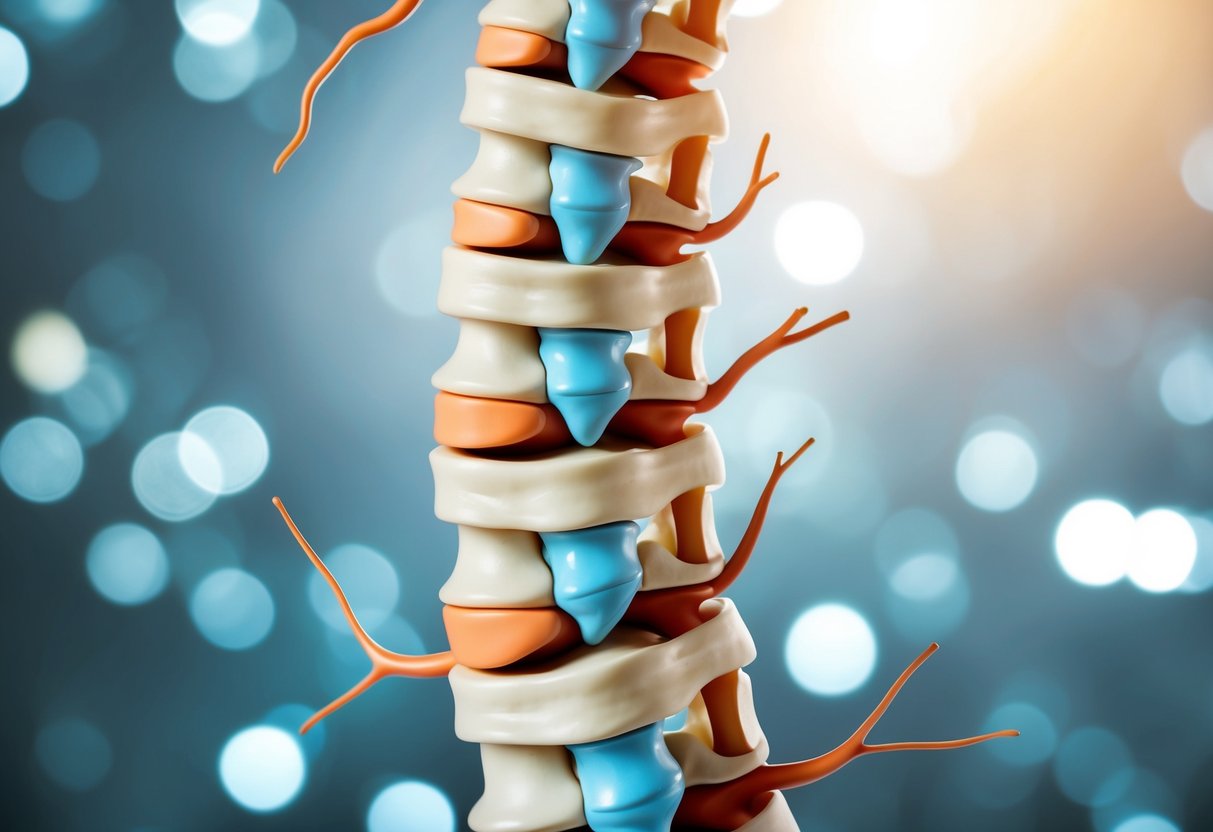 A cross-section of the spine showing a bulging disc and enlarged facet joints, with surrounding nerves and blood vessels